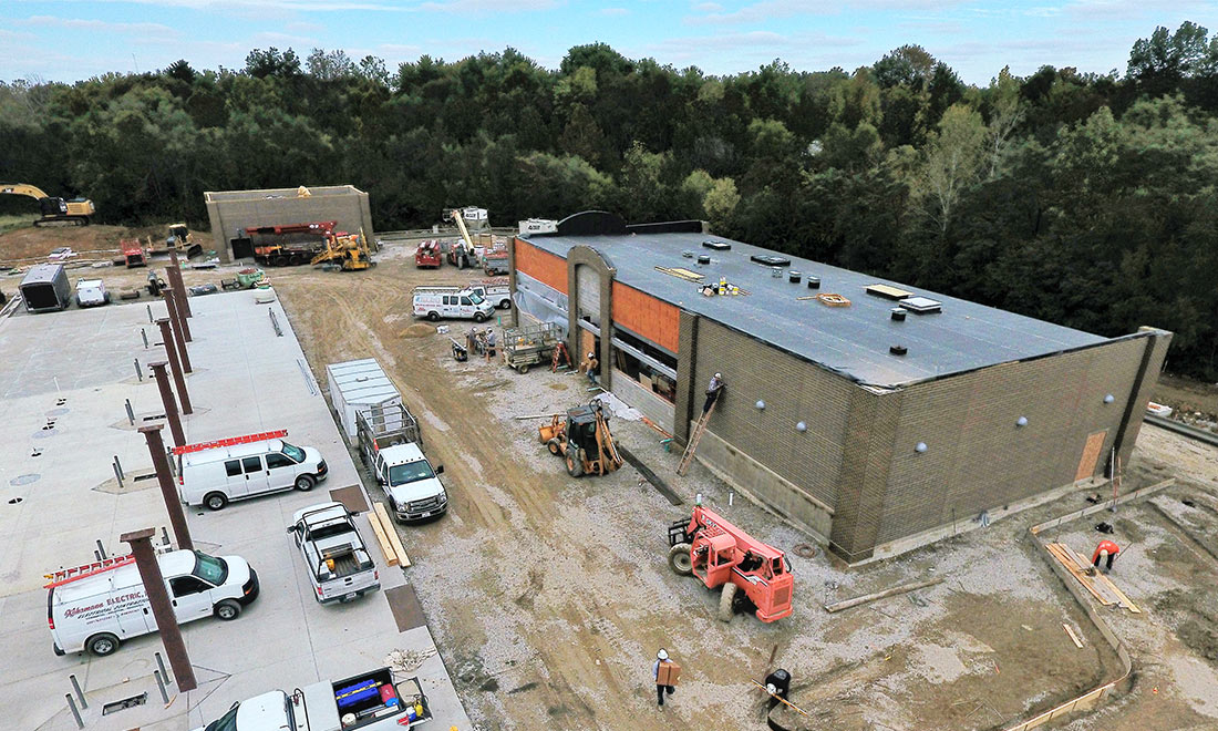Shores Builders General Contractors Aerial view of rectangular building under construction